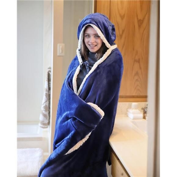 Hooded Blanket Poncho | Wearable Blanket Wrap with Hand Pockets | Sherpa Fleece - Picture 5 of 7